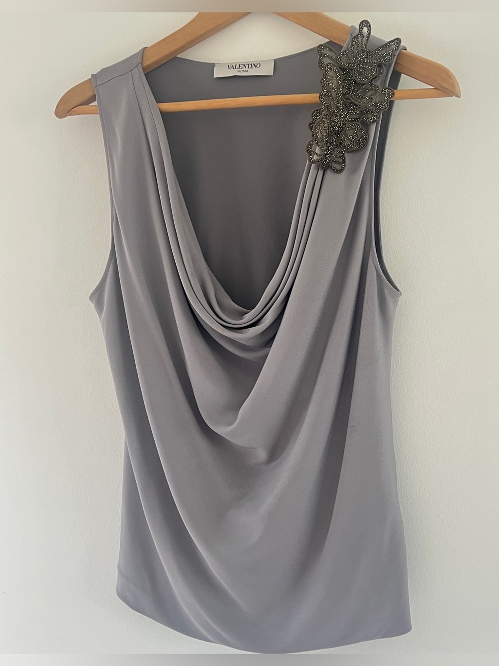Valentino Roma Silk Draped Top Beaded Shoulder Butterfly Gray M